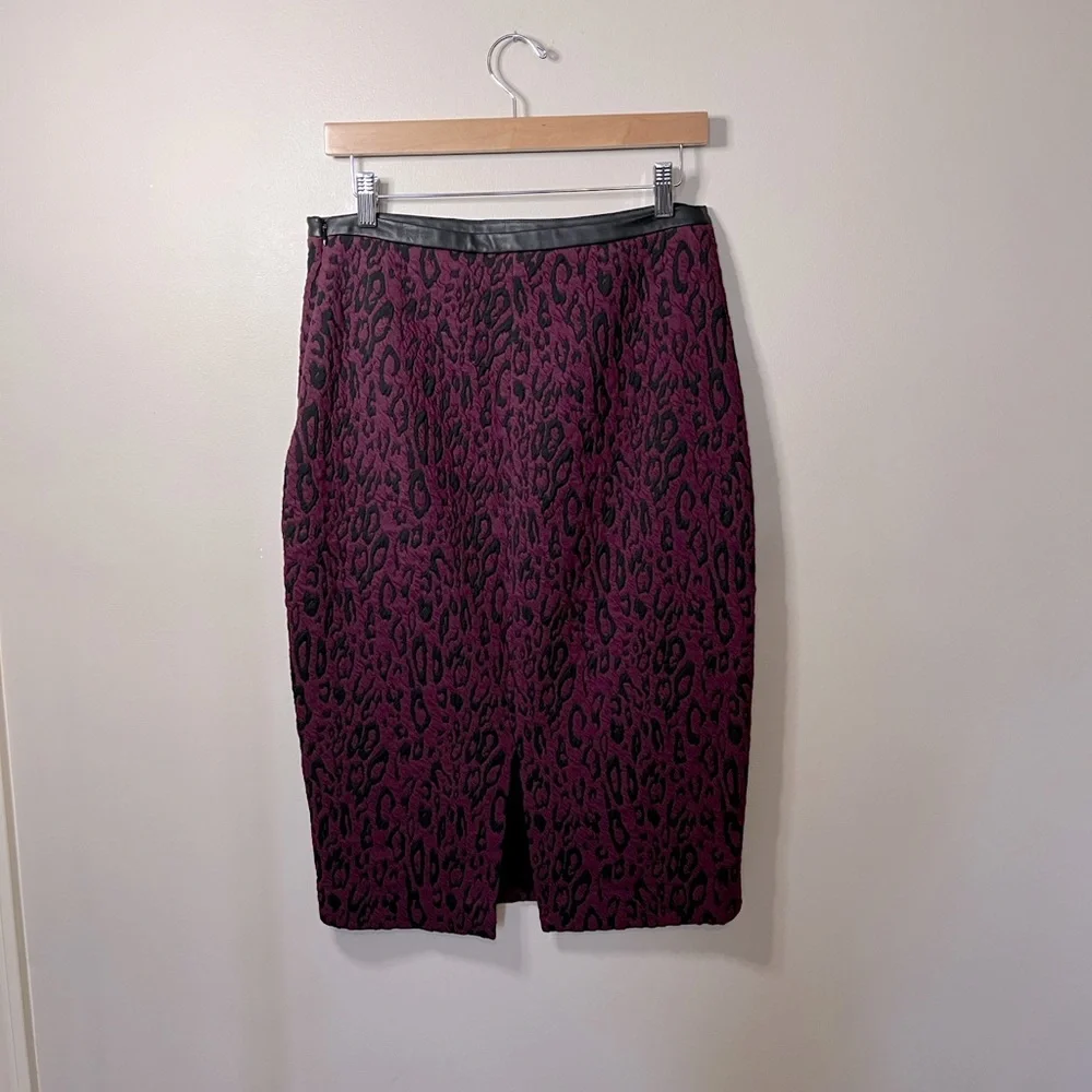 NWT Express Purple and Black Leopard‎ Pencil Midi Skirt Vegan Leather Trim